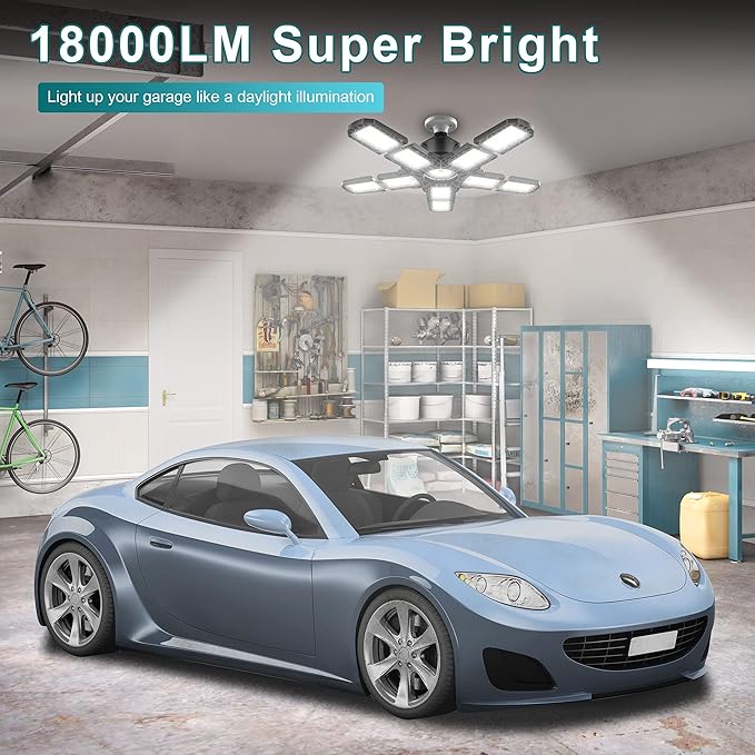 Nexillumi 2-Pack Led Garage Light 180W, 36000LM Garage Lights Ceiling LED with E26/E27 Medium Base, 6000K Deformable LED Shop Lights with 10+1 Adjustable Panels for Garage, Workshop, Attic, Basemen