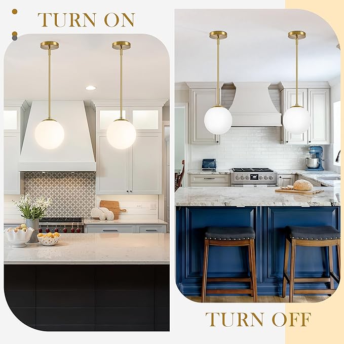 8" Globe Pendant Light Gold 2 Pack Mid Century Pendant Light Globe Pendant Lights Kitchen Island Brushed Brass Finished with Milk Glass Adjustable Ceiling Light Fixtures for Dining Room Bar