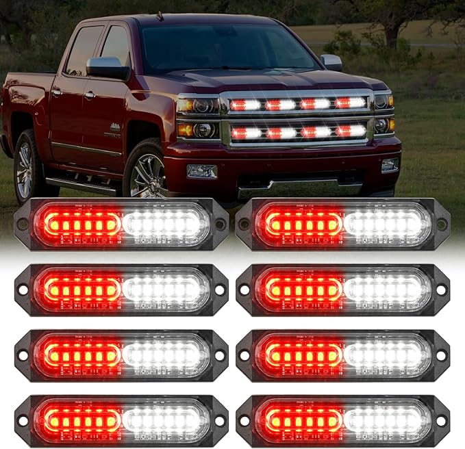 Nilight 8PCS Led Strobe Lights 12LED Red White Emergency Light 12V 24V Surface Mount Flashing Warning Hazard Beacon Lights Ultra Slim Sync Feature Mini Grille for Cars Trucks Off Road Vehicles SUV