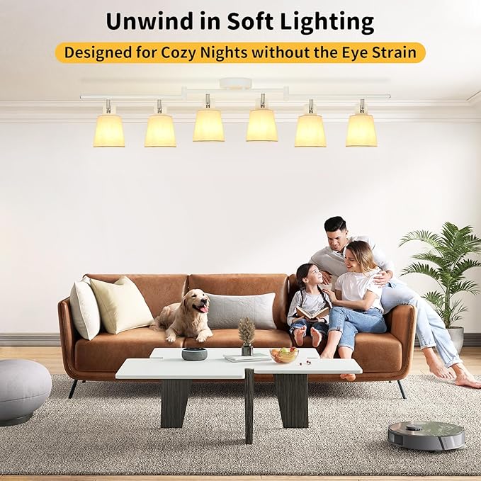 HiBay 6-Light Track Lighting Fixture Ceiling, Directional Modern White Fabric Track Spotlight Flush Mount for Dining Room, Bedroom, Living Room, E26 Base (Bulbs Not Included)