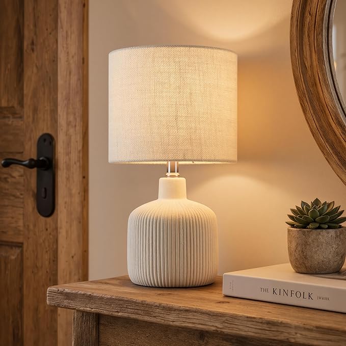 Ceramic Table Lamp, Off-White, 17.75" | Rustic Farmhouse, Beige Linen Shade, Warm Ambient Lighting, Bedside Nightstand