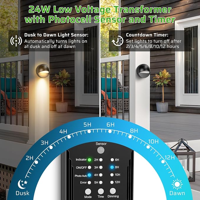 6 Pack Low Voltage LED Deck Lights Kit with Plug-in Transformer, Dusk-to-Dawn Photocell Sensor and Timer, IP67 Waterproof 3000K Outdoor Step Stair Lights for Deck Patio Fence Landscape Lighting