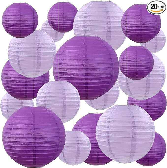 20Pcs Paper Lanterns Decorative, Purple Hanging Lanterns for Birthday | 6"8"10" Lavender Round Paper Lanterns Decorations for Bridal Shower Wedding Engagement Rustic Party Home Classroom Decor