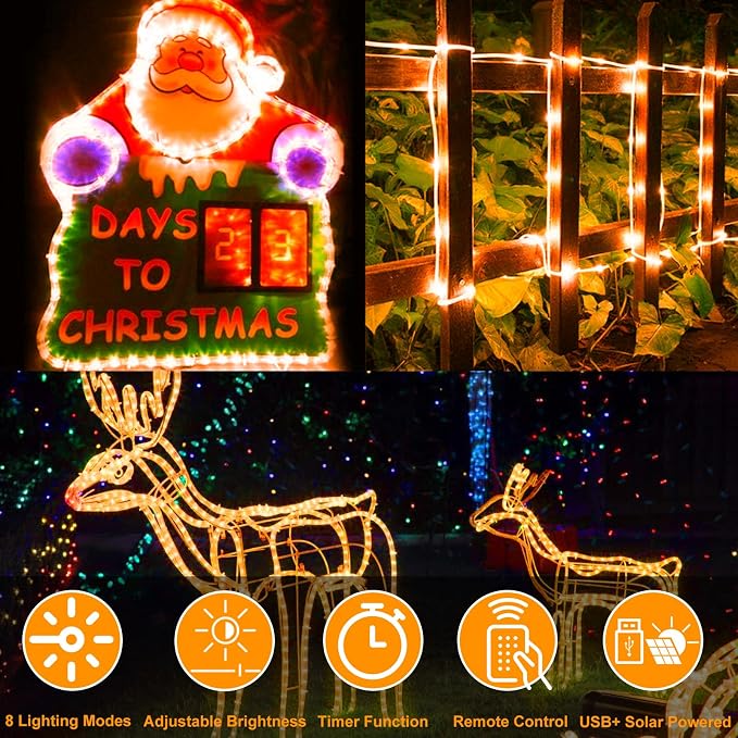 164 FT 1000 LED Rope Lights Solar Powered Waterproof String Lights 8 Modes Outdoor Tube Light Copper Wire Fairy Lights for Christmas Garden Fence Yard Party Pool Wedding Decor (1000 LED Yellow)