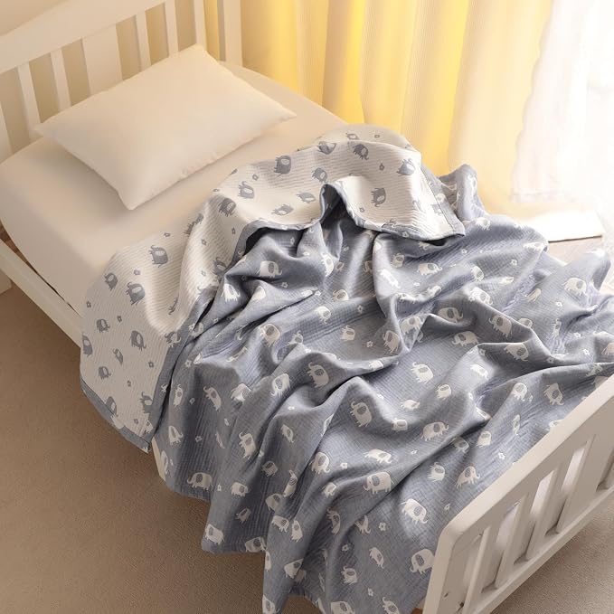 NTBAY 3 Layer Muslin Toddler Blanket, 30 x 40, Blue Elephant | Breathable Muslin Cotton Outer Layers with Light Thermal Fill, Reversible for Stroller, Daycare, Travel, and Supervised Use