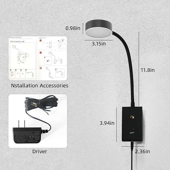 LED Wall Mounted Reading Light for Bed, Flexible Gooseneck Book Light for Wall Bedside Lamp with USB-A/C Output,Touch Control 5 Dimmable Headboard Bed Lights