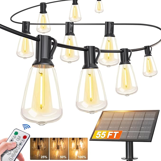 BLIATLUS 55FT Solar String Lights, Waterproof Outdoor with Remote 24+2 ST38 LED for Backyard Bistro Porch