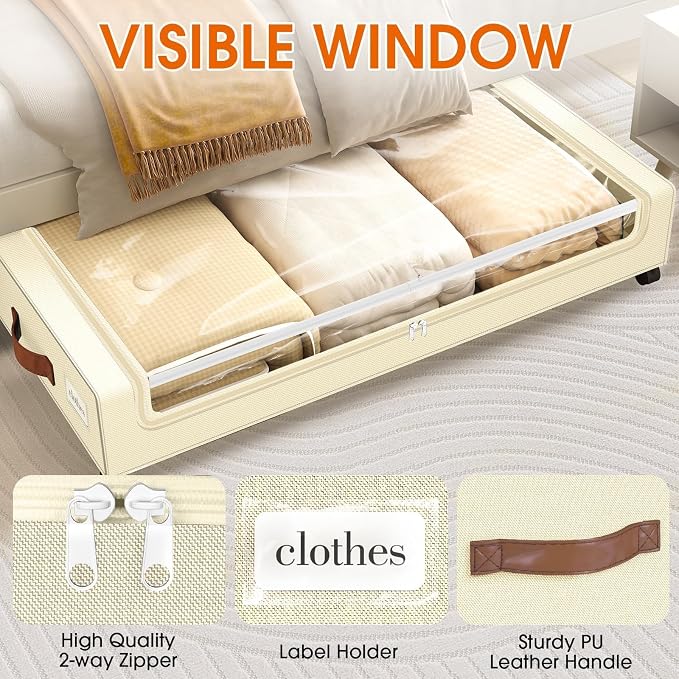 Under Bed Storage with Wheels 3Pack Storage Containers with Clear Window | Under Bed Drawers Rolling Under Bed Storage for Clothes,Shoes, Blankets (30.71 x 16.93 x 6.69 in, Beige)