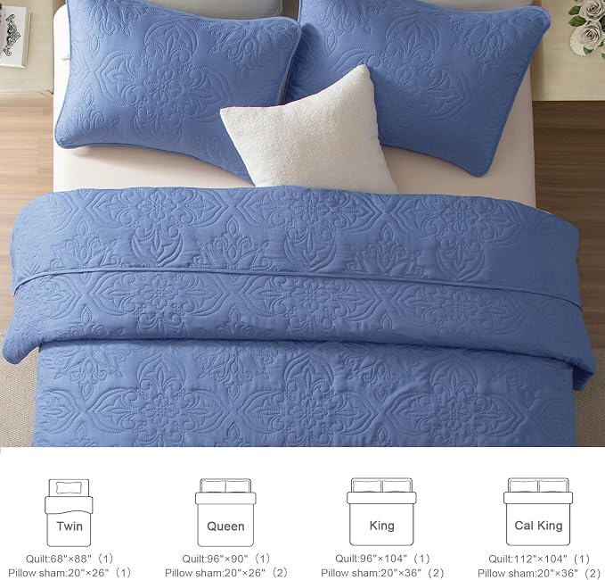 Whale Flotilla Cal King Quilt Set Vintage Damask Reversible Bedspread | Suitable for Bed, 3 Pieces Bluish Grey Lightweight Breathable Oversized Quilts, Ultrasonic Coverlet with 2 Pillow Shams