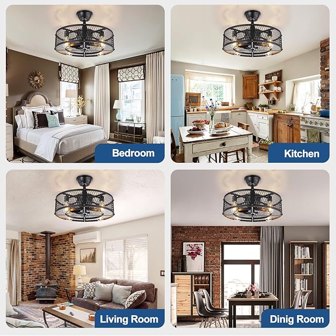 DLLT Caged Ceiling Fan with Light: 20" Farmhouse Fandelier with Lights and Remote & APP - Black Rustic Semi Flush Mount Bladeless Ceiling Fans Enclosed Fan for Bedroon Kitchen Living Dining Room