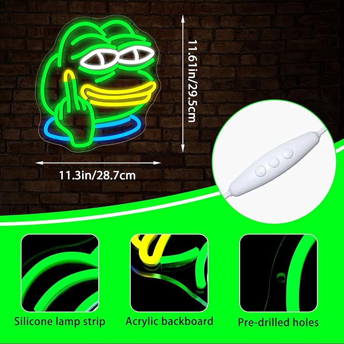 Frog Neon Sign for Wall Decor Funny LED Light for Man Cave | Dimmable frog neon light, bedroom, bar dorm decor, birthday gifts for man kids, size 11.6*11.2 in