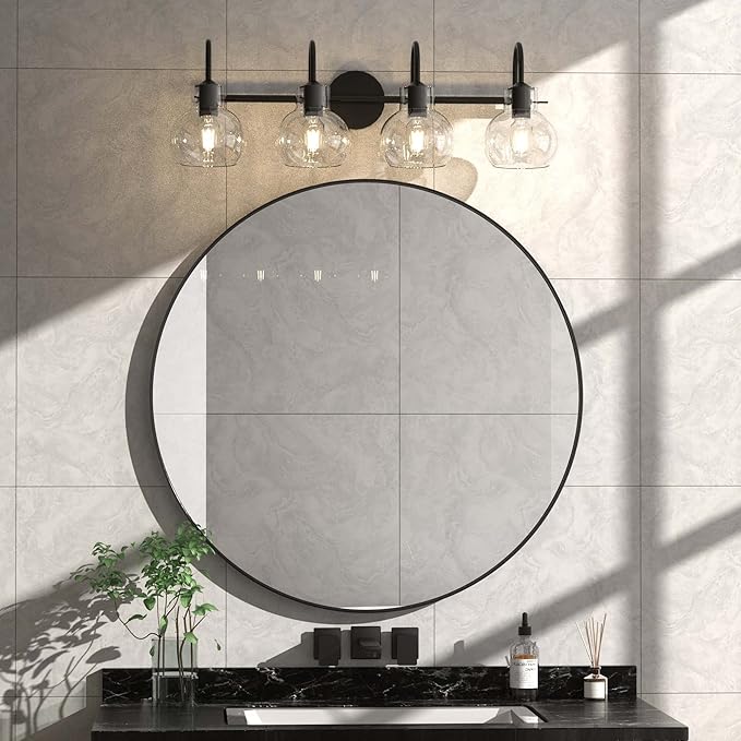 Matte Black Bathroom Vanity Light Fixtures, 4 Light Vanity Lighting Fixtures with Clear Glass Shade, E26 Base, UL Certification (Exclude Bulb)