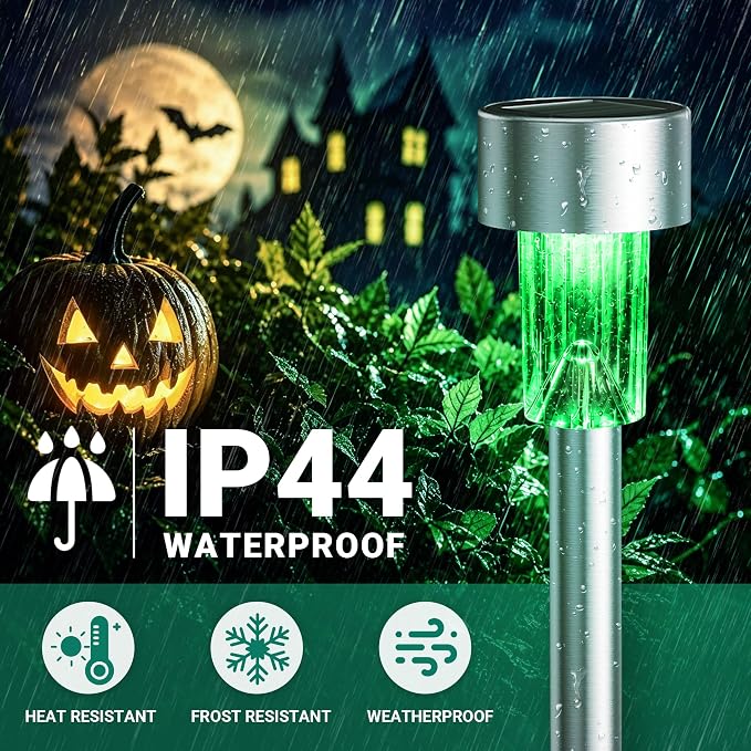 GIGALUMI Green Solar Pathway Lights, 20-Pack Outdoor Halloween Decor | Waterproof LED stainless stakes for yard, garden, driveway, walkway. Green glow creates spooky atmosphere.