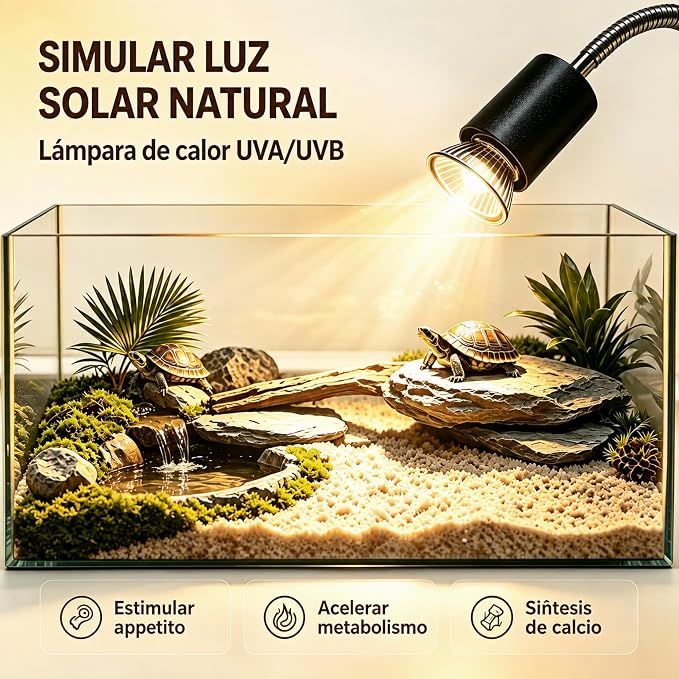Reptile Heat Lamp, Timer & Dimmable UVA UVB Turtle Basking Light Fixture with 2 Pcs 50W Bulb, 360° Flexible Gooseneck Heating Lamp with Clamp for Turtle, Lizard, Snake, Chameleon, Hermit Crab