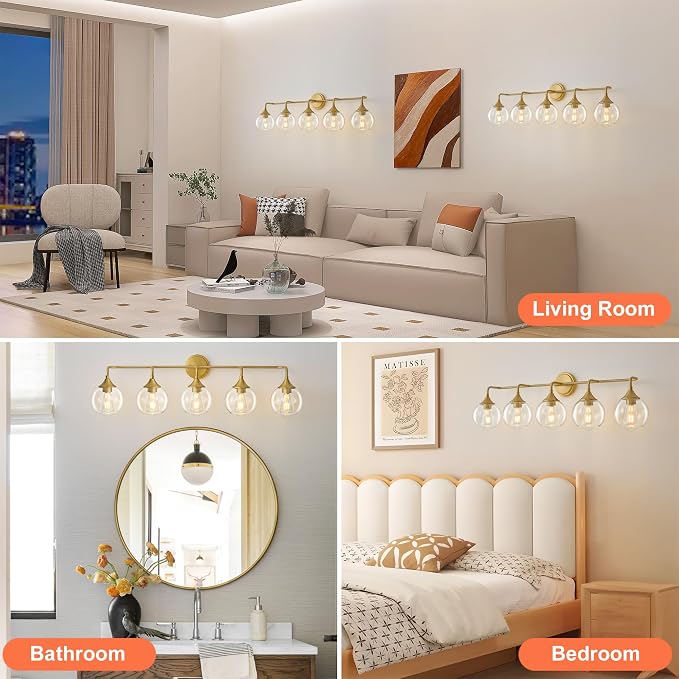 Farmhouse Bathroom Vanity Light Gold 5-Light Vanity Light 39" | Modern Vanity Lighting Fixtures Over Mirror, Thickened Clear Glass Shade, UL E26 Dimmable Vanity Light Fixtures