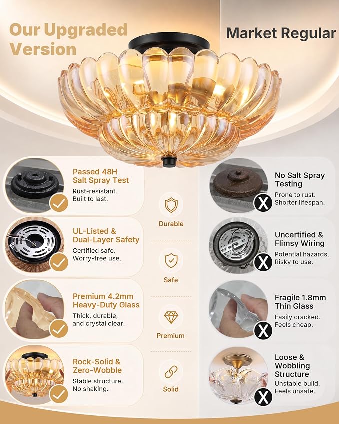 Semi Flush Mount Ceiling Light Fixture 14" Vinatge Black Ceiling Lights Mid Century Modern Glass Close to Ceiling Lighting Fixtures for Bedroom Hallway Kitchen Laundry Room Bathroom Foyer
