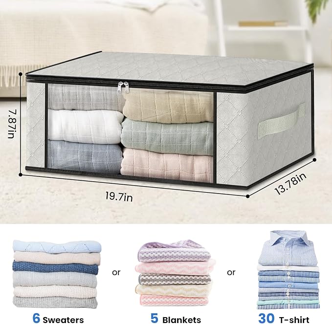 HomeHacks 3-Pack Clothes Organizer Storage Bags, 35L Storage Bins, White | Foldable Storage Box Container with Zippers, Clear Window, Reinforced Handles for Closet, Dorm, Pillows, Bedding, Sweater