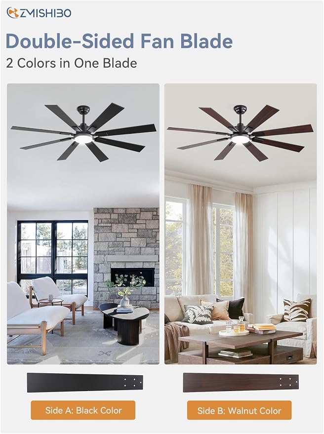 ZMISHIBO 62" Ceiling Fans with Lights for Patio, Living Room, Remote | High CFM Powerful Airflow, Quiet DC Motor, 24W 3 CCT LED, Indoor/Covered Outdoor, Dual-Finish, Damp Rated, Black