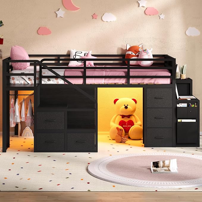 Twin Loft Bed with Desk, RGB Lights & Under Bed Play Fort, Black | 11 Storage Drawers, Clothes Rack, Pockets, Wide Step Stairs, 11.8''H Safety Guardrail, Built-in Charging Station