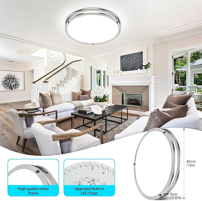 libtit 16Inch Flush Mount Ceiling Lights with Remote, 36W Dimmable LED Ceiling Light 3000K-6500K Adjustable, Large & Bright Brushed Nickel Light Fixture for Kitchen Bedroom LivingRoom