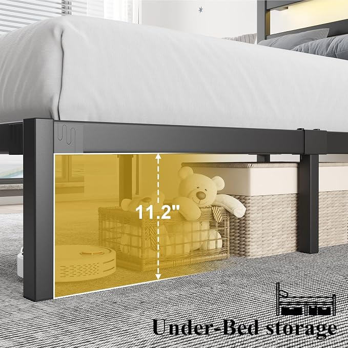 LOEWAY Twin Size Metal Bed Frame with Storage Headboard & LED Lights, Black | Built-In Charging Station, Under-Bed Storage, Heavy Duty Metal Slats, No Box Spring Needed, Solid and Stable, Easy Assembly