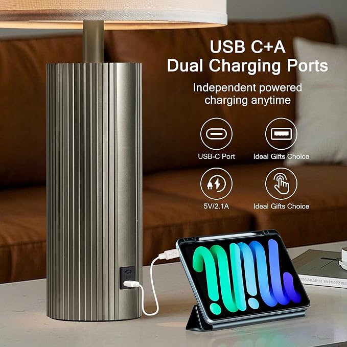 Table Lamps for Living Room Set of 2, 24.5" Modern Table Lamps for Bedroom with USB C+A Ports, Creative Stripe Touch Lamps for Nightstand, 2 Bulbs Included