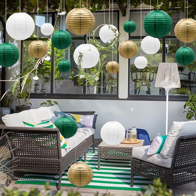 21-Pack Green Gold Paper Lanterns Party Decorations | Round Hanging Lantern for St. Patrick's Day, Graduation, Wedding, Tropical Jungle Theme Birthday, Football Theme Baby Shower