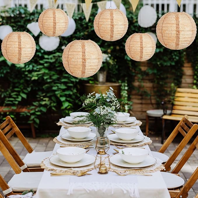 Hortsun Print Burlap Paper Lanterns Round Chinese Paper Lanterns Farmhouse Boho Classroom Home Decor Classroom Sweet Birthday Party Ceremonial Event(8/10/12 Inch,6 Pcs)