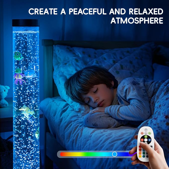 OUTREE 4FT Sensory Tube Lamp, Aquarium Bubble Fish Lamp with Remote Control, 20 Color Changing Effects, 12 Fish Accessories, Bubble Sensory Room, Night Light, Sensory Light for ADHD and Autism (Black)