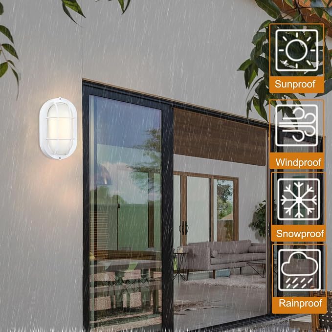 GRUENLICH LED Bulkhead Light Fixture, Aluminum Outdoor Wall Lantern, 8.5" | Oval Exterior Porch Light Wall Sconce for House Walkway Nautical Sauna, Dimmable 6W 600 Lumen, Glass, 3000K, White, 2 Pack