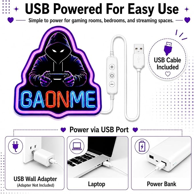 Game On Neon Sign: LED Light With Remote For Boy Room Decor | USB 5-Min Install - Dimmable Timer 2/4/8H Gaming Wall Decor for Man Cave Boys Teen Game Bedroom Basement