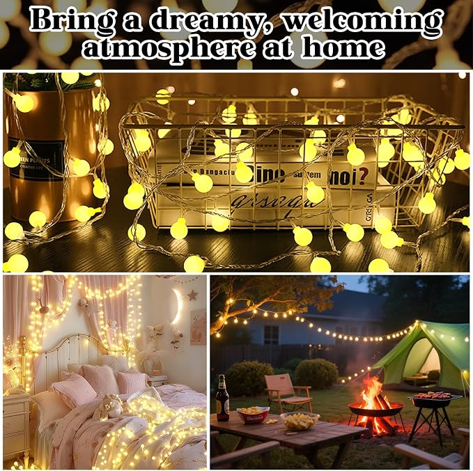 String Lights for Bedroom, 200 LED Globe Plug in Fairy Lights, 66FT Connectable Warm White Twinkle Lights with 8 Lighting Modes, Cozy Bed & Wall Decor, Waterproof for Outdoor Use