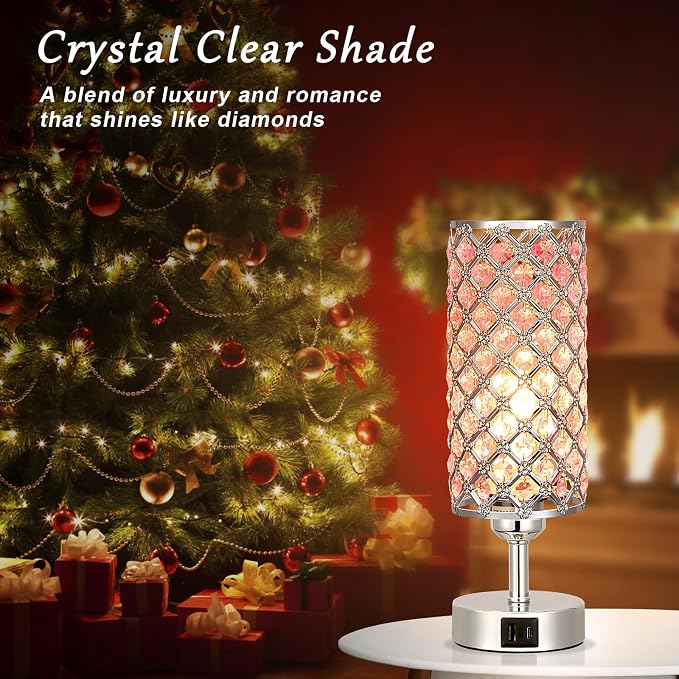 Hong-in Crystal Table Lamp, Pink Touch Lamp with USB C+A Ports, 3 Way Dimmable Bedroom Light with Crystal Shade, Bedside Nightstand Small Lamp for Girl Bedroom, Living Room(Buld Included)