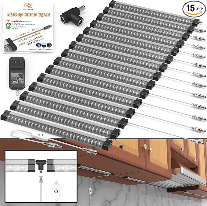 EBD Under Cabinet Lights Plug in 15 Pcs 12 Inch, Dimmable No Messy Wires Built-in Adjustable Cable LED Light Bar, T-Connector Counter Lighting for Smart Plug Kitchen Home Office 3000K 6750Lm 6 Cables