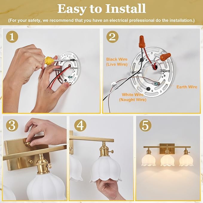 3-Light Vintage Bathroom Vanity Light, 19.4" Brass Hardwired Wall Sconce with Amber Tulip Glass Shades, Brushed Gold Vanity Light for Mirror, Restroom, Bedroom (White, 3-Light)