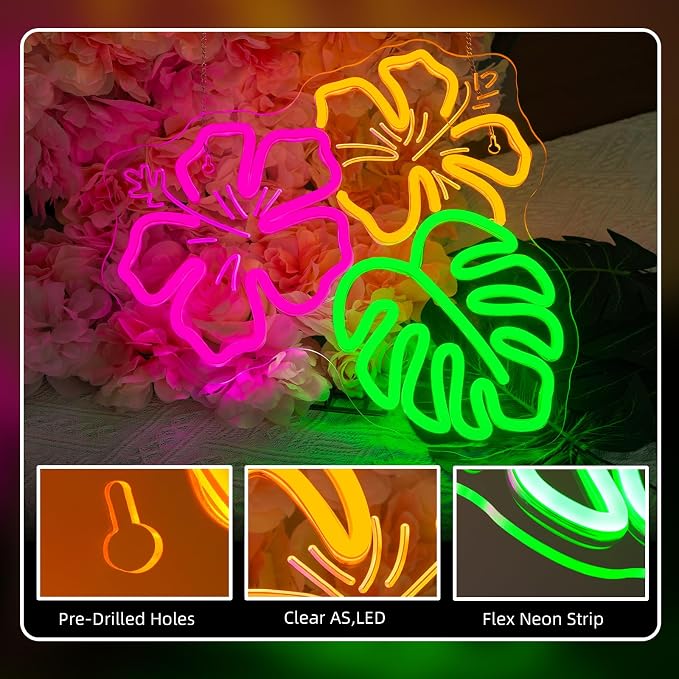 Hibiscus LED Neon Sign Tropical Monstera Light Up for Beach Wall Decoration | 13.38IN*12.59IN,Five level brightness adjustment,USB power,For Bar,Club,Pub,Living room,Bedroom,Restaurant,Beach Bungalow
