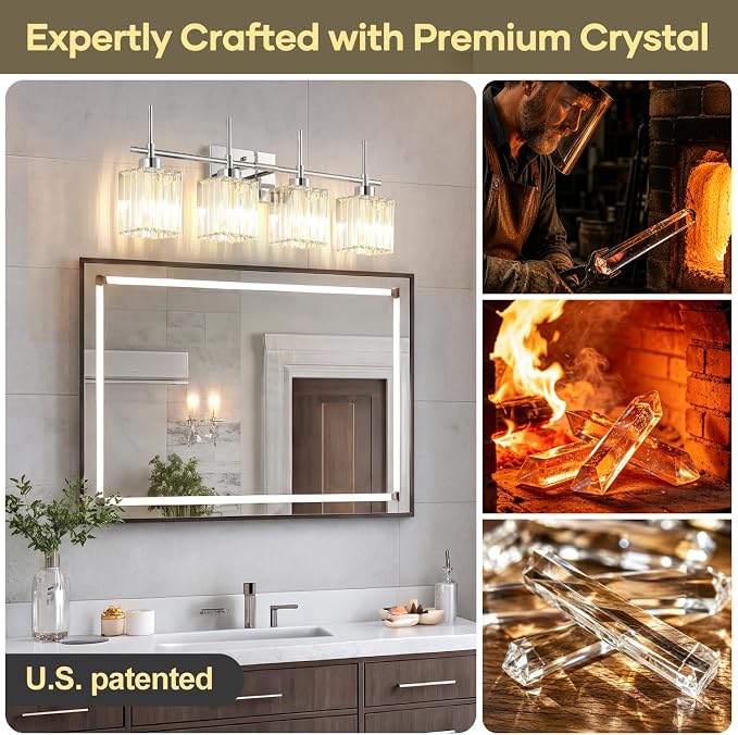 Torondo Modern Crystal Bathroom Vanity Light 4-Lights Chrome Bathroom Light Fixtures Over Mirror Vanity Lighting Fixtures Gold Square Shade Wall Sconce (Bulbs Not Include)