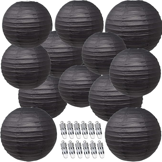 12pcs Black Paper Lanterns with 12pcs White LED Lights, 6" 8" 10" 12" Round Hanging Chinese/Japanese Ball Lantern for Wedding Anniversary Birthday Party Decorations