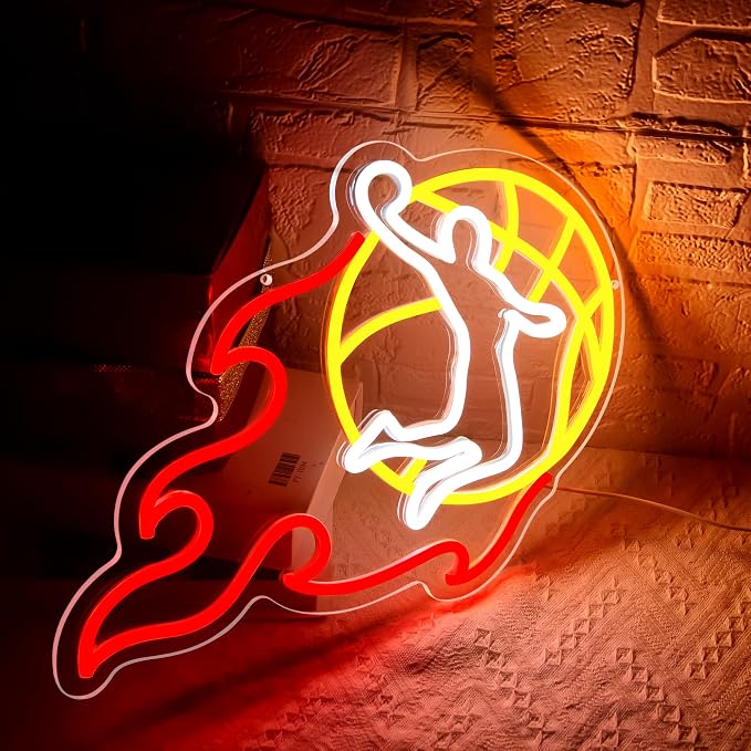 Slam Dunk Neon Sign for Wall Decor Basketball Led Neon Light for Man Cave | Dimmable LED Neon,Birthday Basketball Gifts,Led 5V USB Powered,Sport Bar,Court,Club Decor,Business Shop Wall Art,15.5*12.9in