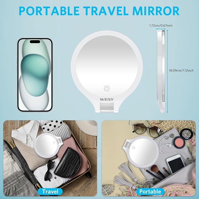 WEILY Magnifying Makeup Mirror 10X/1X, Travel Mirror with Light | Double Sided Rechargeable Mirror with 3 Color Lights for Makeup, Tweezing, Blackhead and Come Done Removal (White)