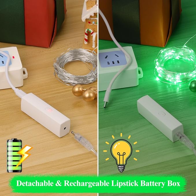16FT(5M) Green Copper Wire Fairy Lights, Rechargeable Battery Operated String Lights with Timer & 8 Modes, Waterproof Twinkle Lights for St. Patrick's Day Bedroom Christmas Party Wedding Decor