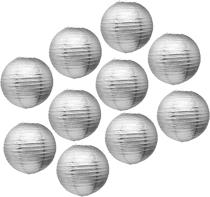 Mudra Crafts Silver Paper Lanterns Wedding Party Decorations - 12 in 10 Round Hanging Ceiling Lanterns, 10 Pack, Decorative Lamp Shades
