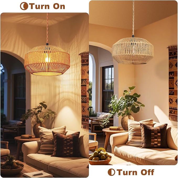 Maliralt Hanging Lamps Rattan Pendant Light Hanging Lights 16.4ft Plug in Cord Pendant Light Fixture Plug Into Wall Outlet Pendant Lighting with On Off Switch for Bedroom Living (Pumpkin Shade)