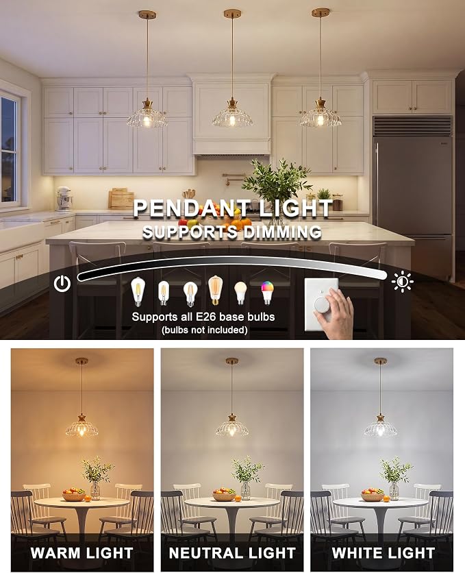 2Pack Glass Pendant Lights Kitchen Island, 11.8" Vintage Lighting Glass Light Fixtures Brushed Gold Modern Chandelier Hanging Ceiling for Dining Living Room Restaurant Bedroom Foyer