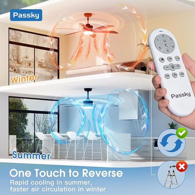 Passky 52 Inch Black Contemporary Ceiling Fans with Lights, Remote Control | 3CCT dimmable light, quiet DC motor, reversible airflow; black contemporary style for bedroom and living room