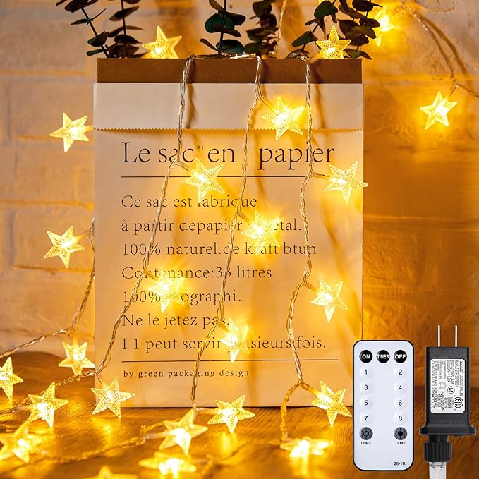 Minetom 66ft Plug in Star String Lights with Remote, Warm White | Remote and Timer, 8 Modes, Lovely for Classroom BedroomTent Loft Bed Backyard Patio Porch Balcony Party Decor