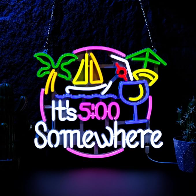 It's 5:00 Somewhere Neon Sign, 14x14 Inch Cocktail Theme LED Light with Dimmable Switch for Party and Home Decoration