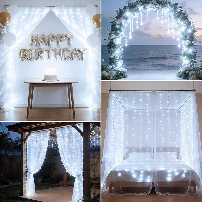 300LED Fairy Curtain Lights 9.8ft x 9.8ft LED Dimmable Twinkle Lights | with Remote and Timer USB Plug in 8 Modes String Lights for Bedroom Indoor Outdoor Party Christmas Decor, White