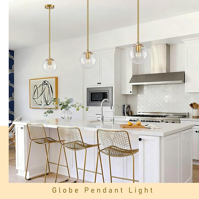 6" Globe Pendant Light Gold 2 Pack Mid Century Pendant Light Globe Pendant Lights Kitchen Island Brushed Brass Finished with Clear Glass Adjustable Ceiling Light Fixtures for Dining Room Bar