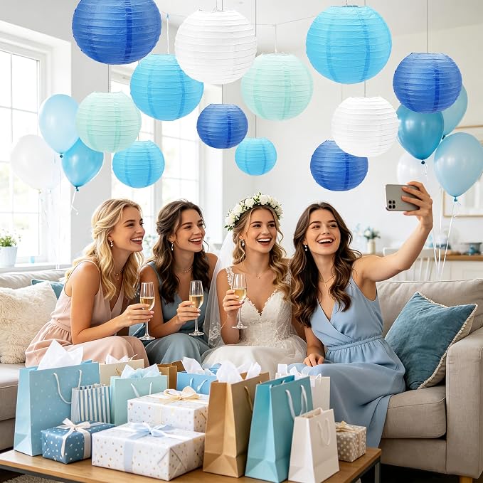 Qenk 12 Pcs Blue Paper Lanterns, 10" Paper Lanterns Party Decorations | Paper Lanterns Party Decorations for Classroom Party Wedding Birthday Valentine's Day